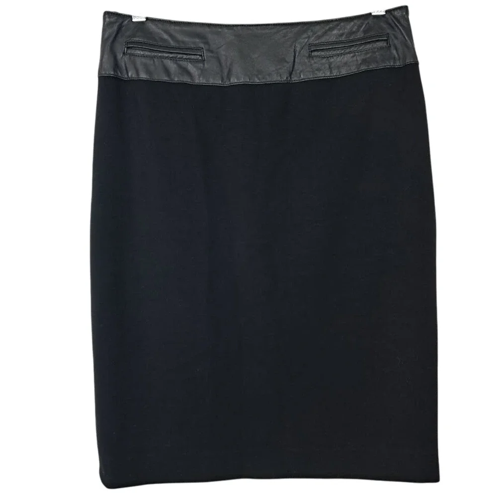 WORTH 4 Black Straight Pencil Skirt Rayon Knit Leather Waistband Career Business